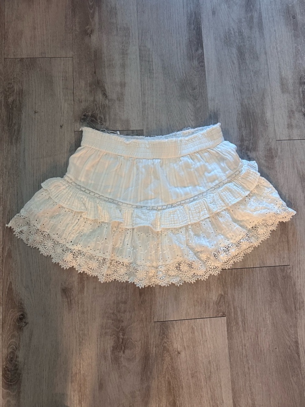 LoveShackFancy White Tiered Eyelet Lace Mini Skirt